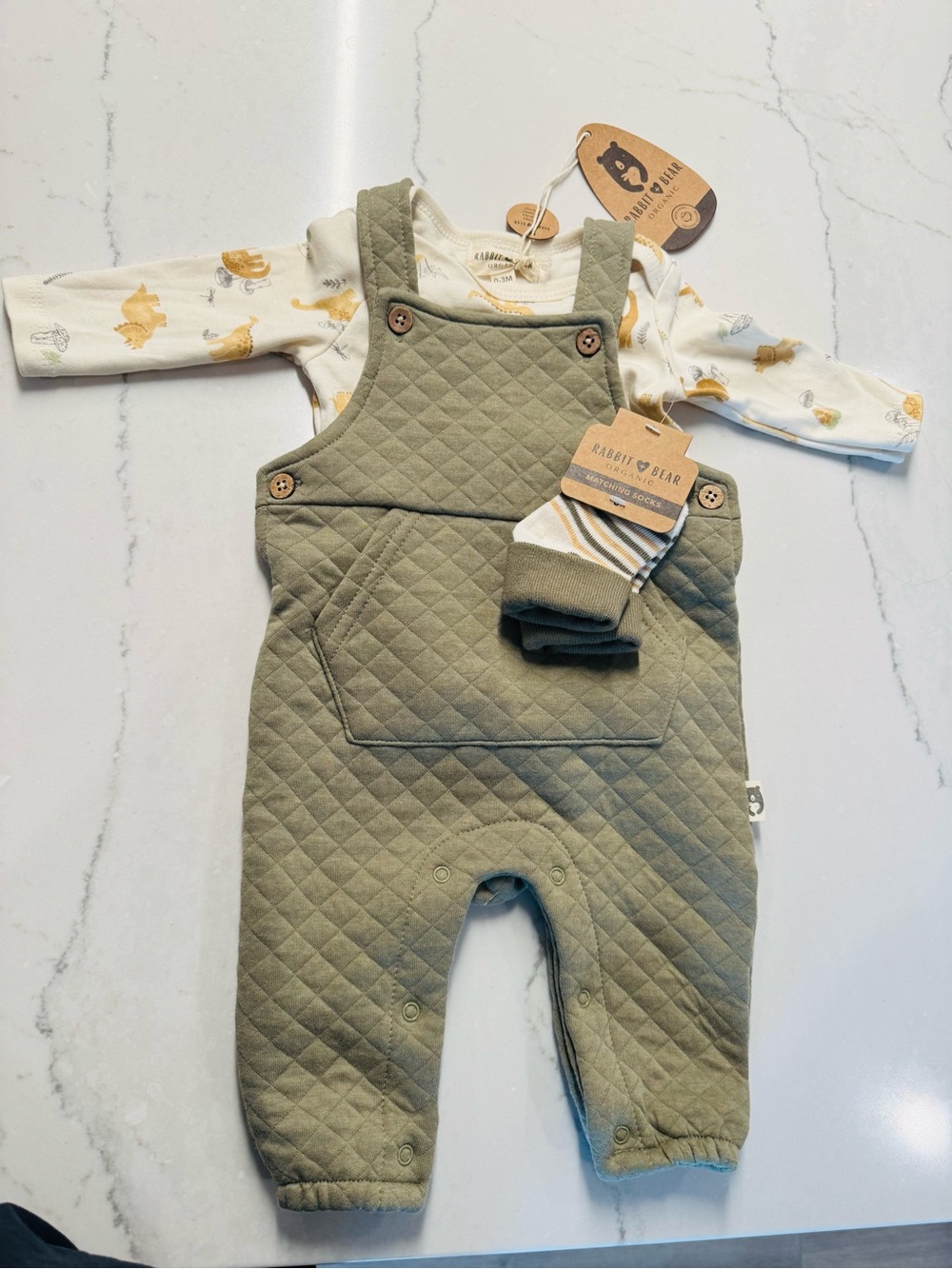 Rabbit & Bear Olive Quilted Baby Overalls Set with Printed Tee